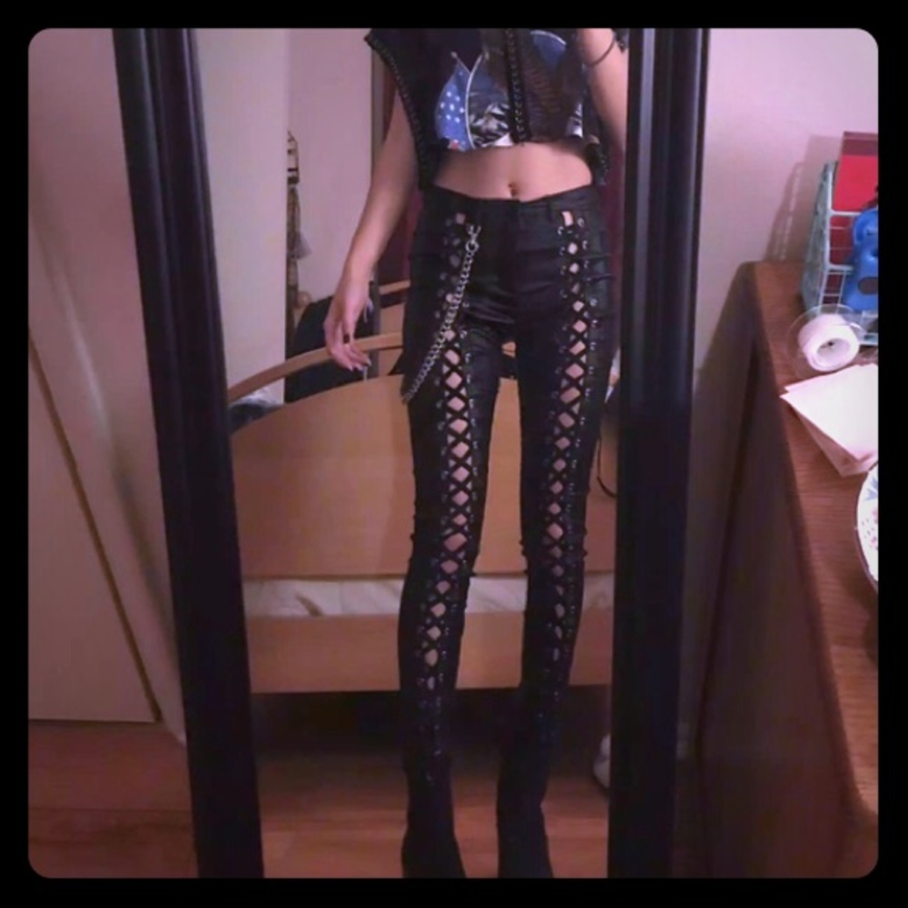 Black lace up stretchy pants